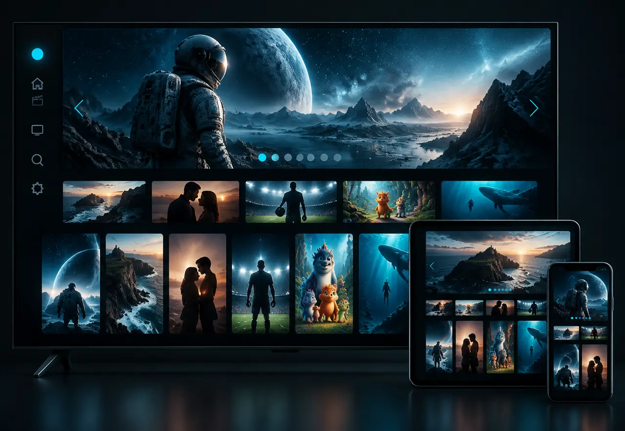 Smart TV, tablet e smartphone exibindo uma interface original de catálogo da Triton Play